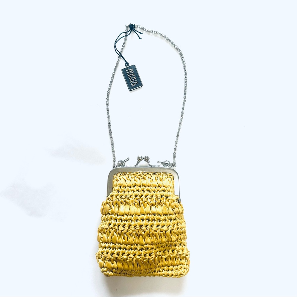 NWT Bijoux Terner Macramé Gold Woven Mini Bag with Silver Chain